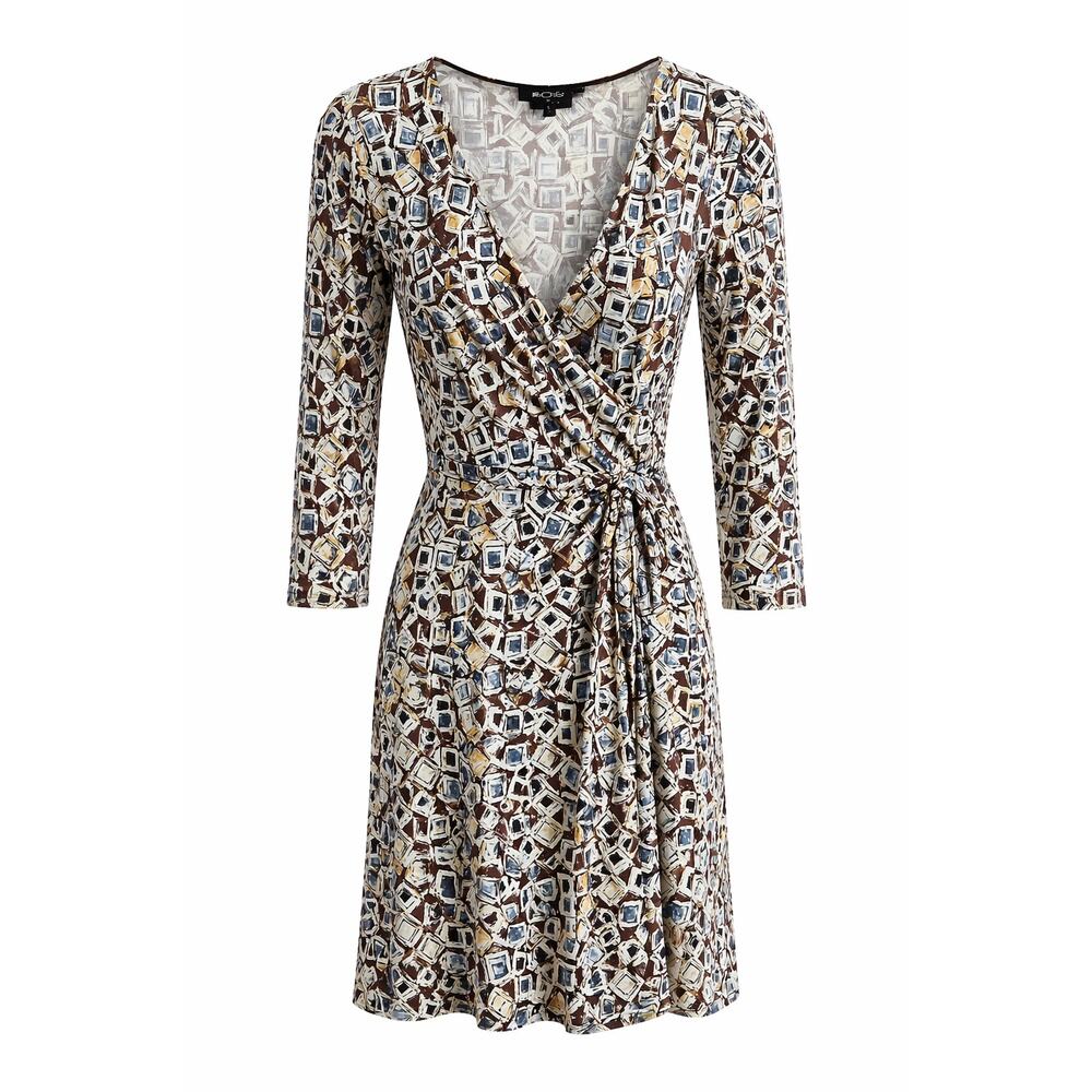 BCBG MAXAZRIA Wrap Dress Size Large Petite Geometric Print Office Work Brown